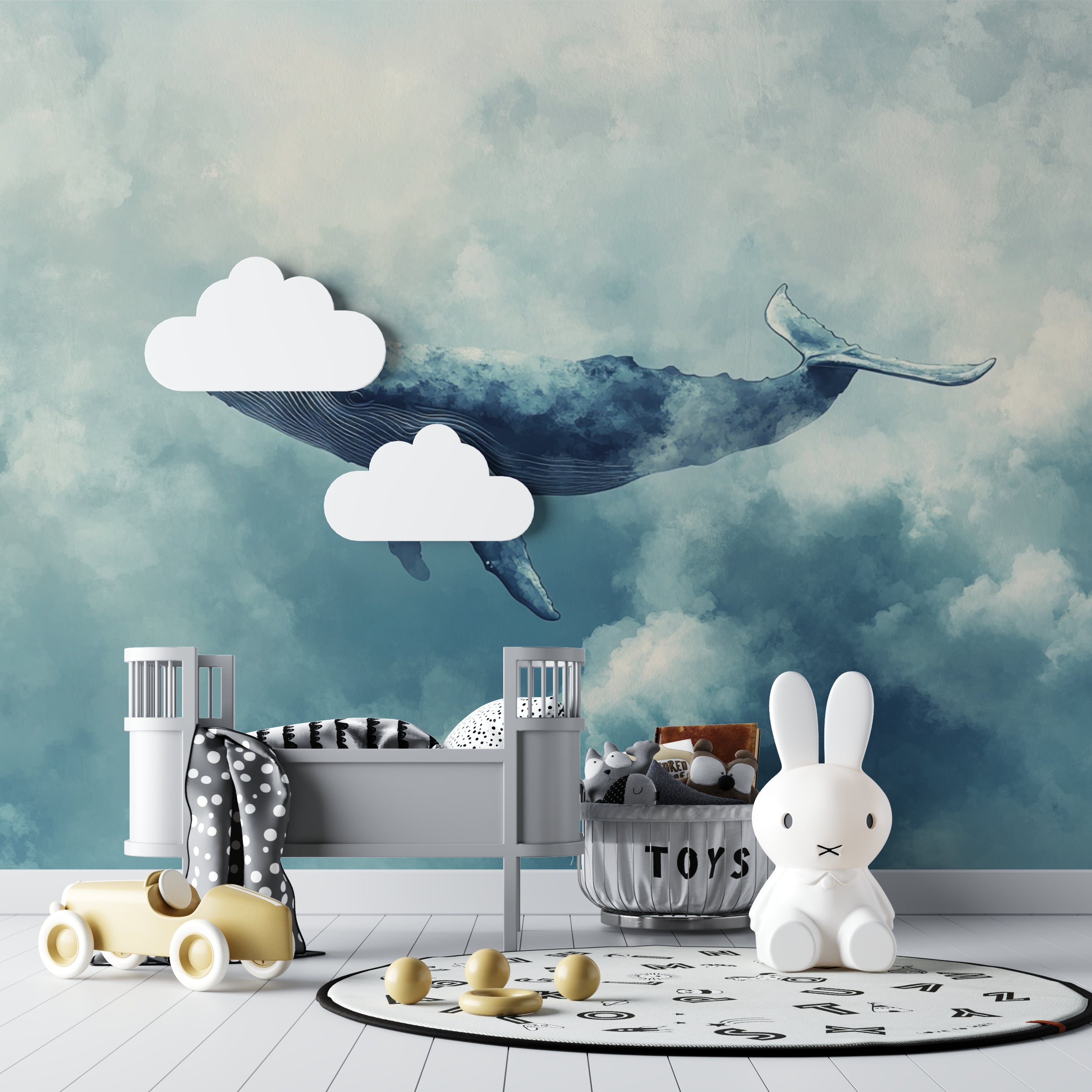 Whale mural wallpaper bringing serene feel to reading nook