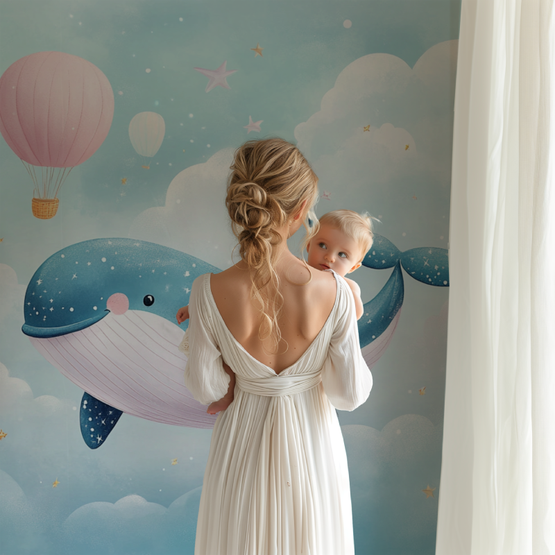 Whimsical whale wall mural creating magic in a baby's reading nook