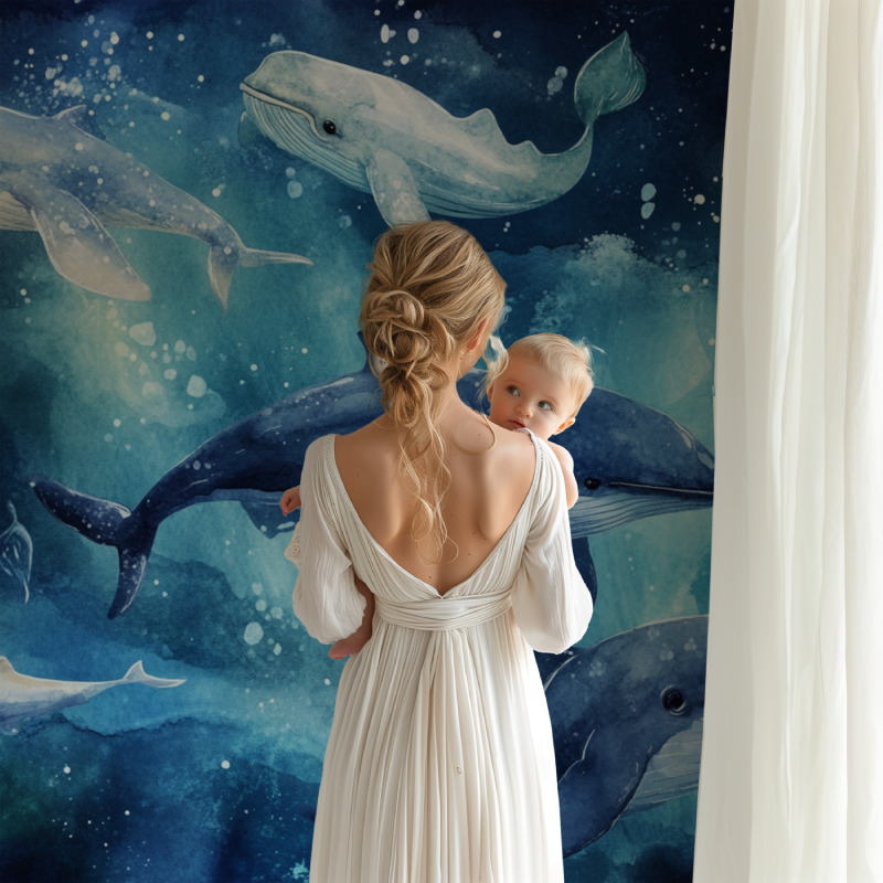 Whale Wallpaper Mural showcased in a children's bedroom with starry night effect