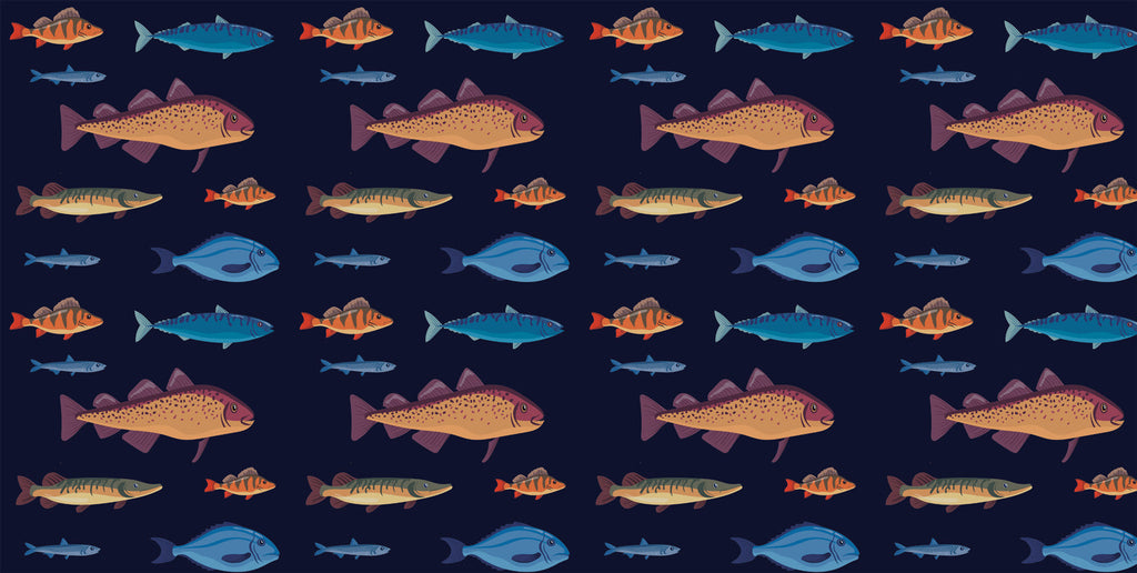 Marine Animals design file featuring detailed fish illustrations on navy background