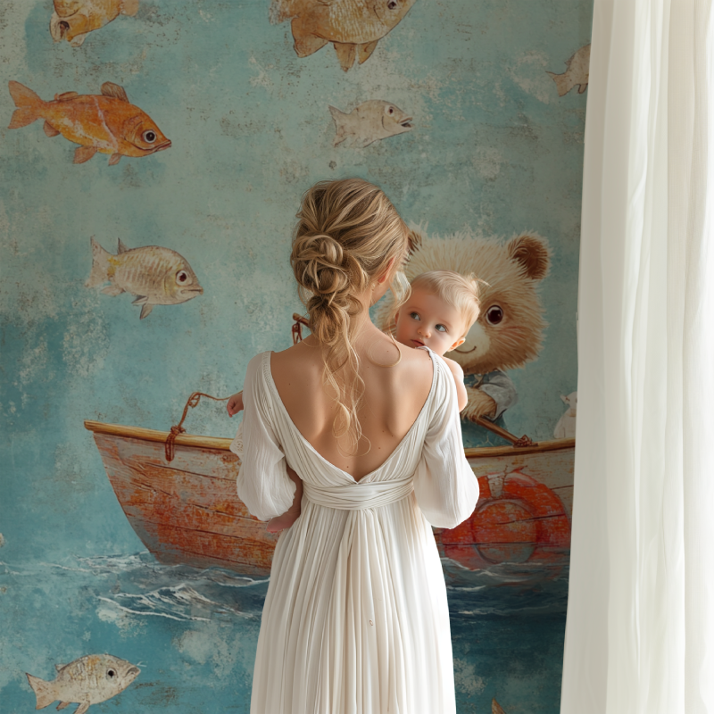 Marine animals wallpaper creating a cozy reading nook in a modern nursery with soft lighting