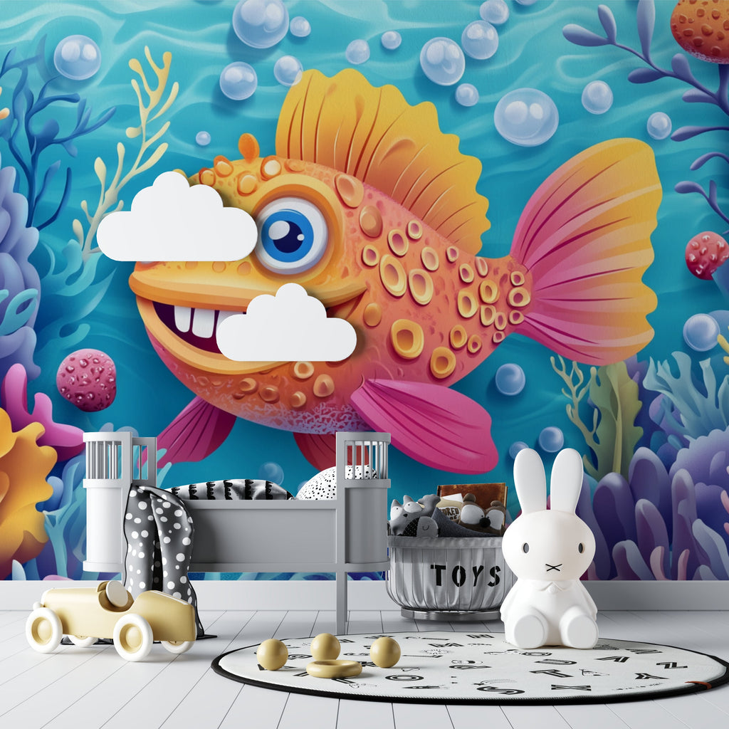 Underwater fish mural transforming a kids' bedroom with colorful sea life