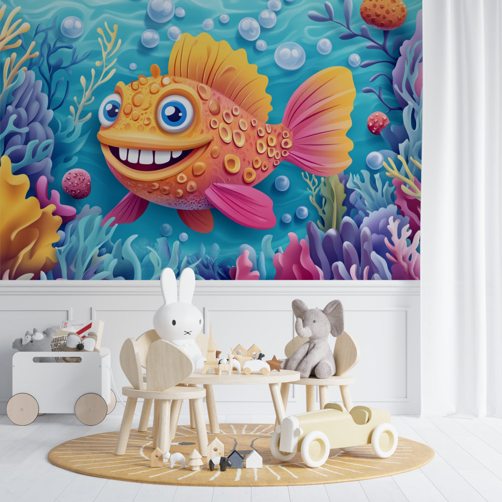 Ocean theme wallpaper creating a fun learning space in a modern playroom