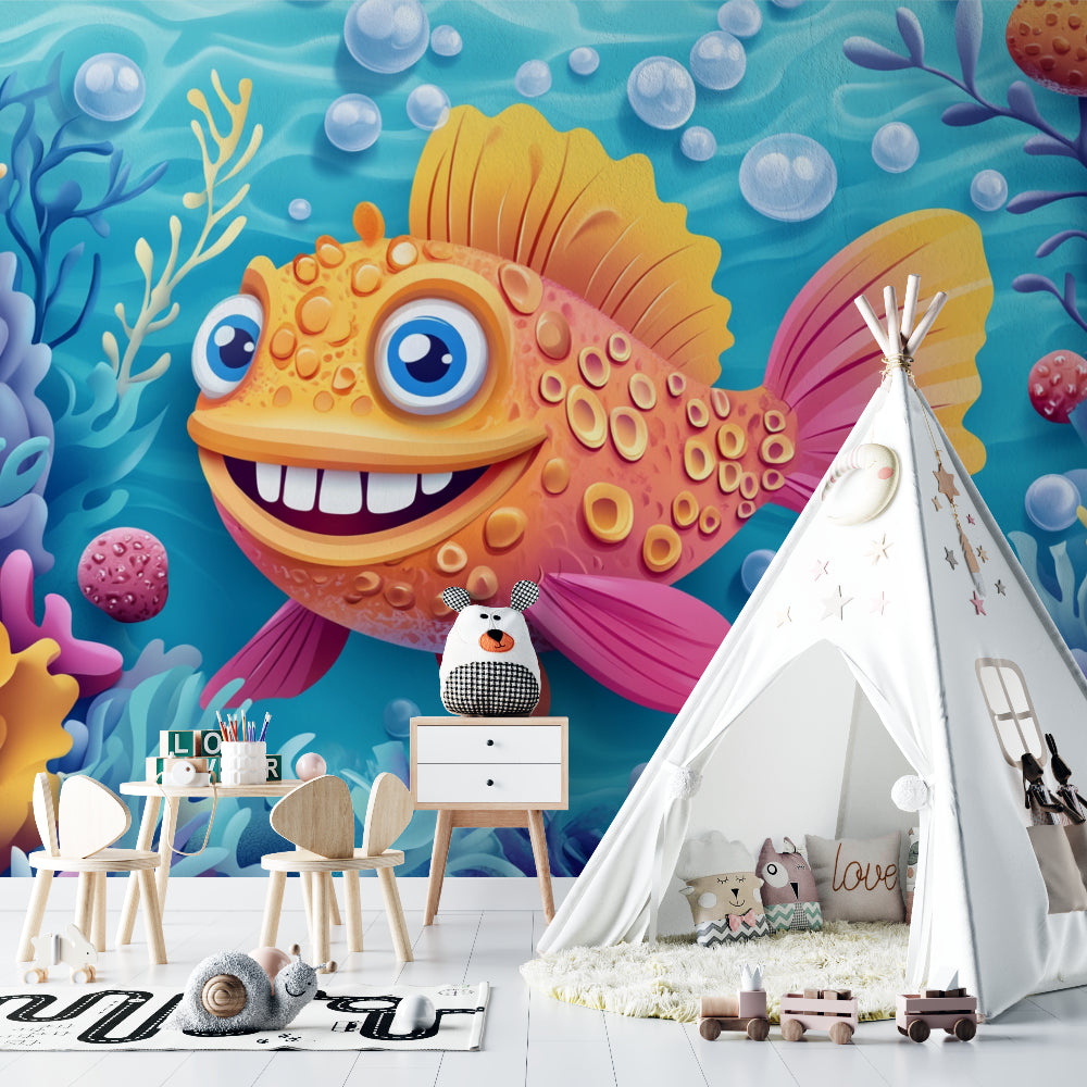 Fish wallpaper mural bringing underwater fun to a daycare reading nook