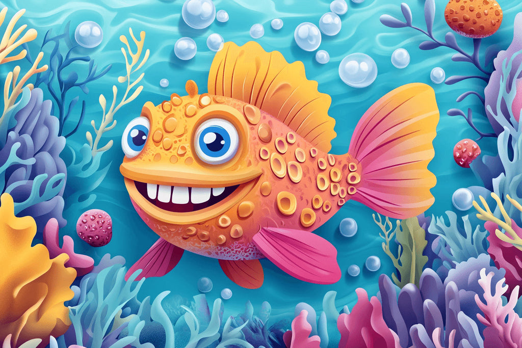 Design file showcasing detailed marine animals pattern with friendly orange fish and coral
