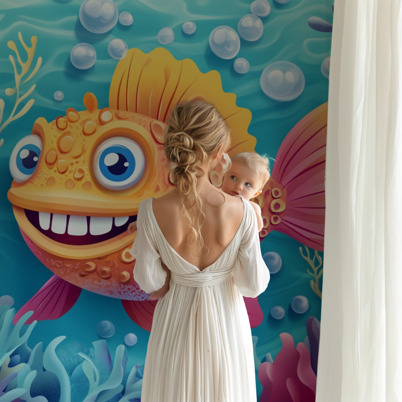 Ocean themed fish mural creating fun atmosphere in playroom setting