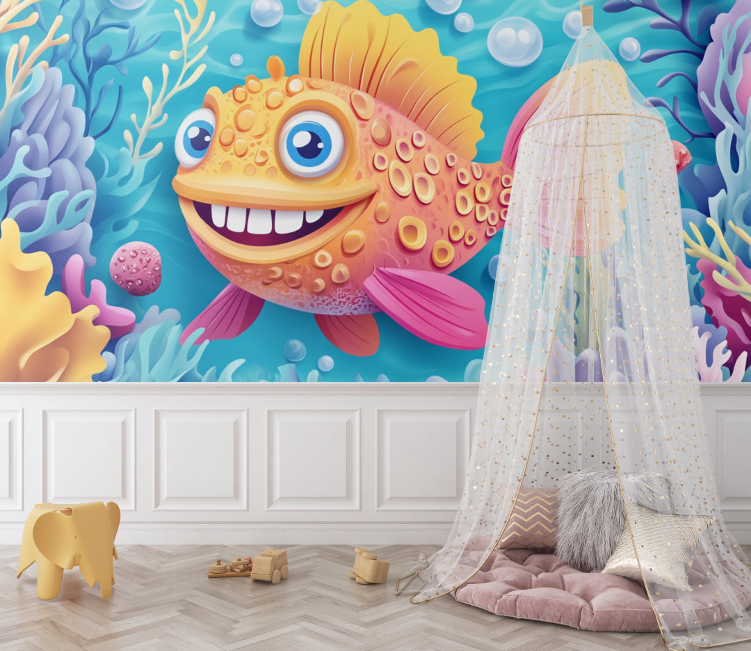 Fish themed wall mural bringing ocean vibes to learning space