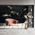 Marine fish wallpaper creating drama in modern living room with golden accents