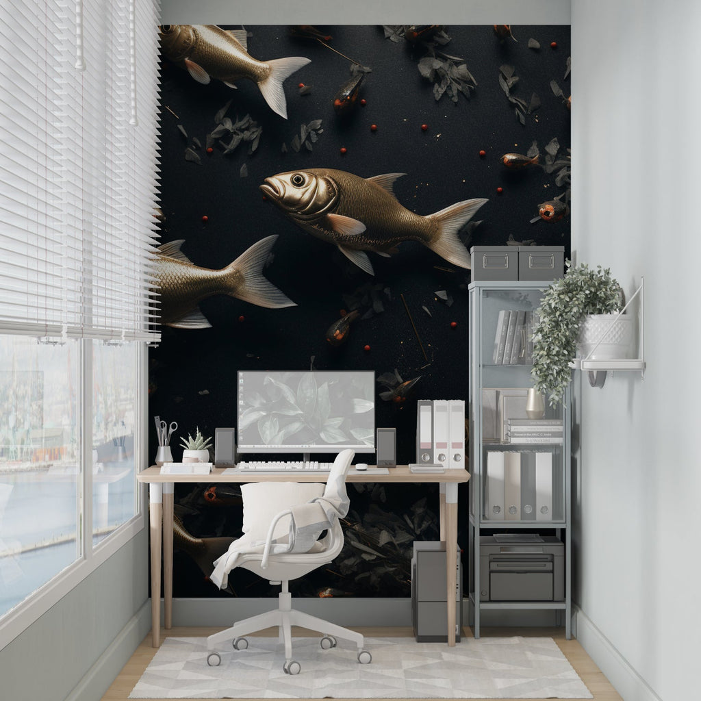 Home office transformed with underwater fish mural wallpaper