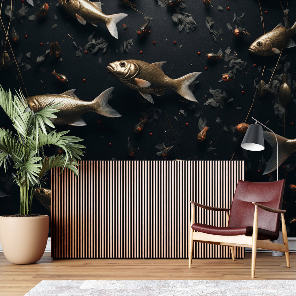 Luxury bathroom featuring marine fish wall mural in black and gold