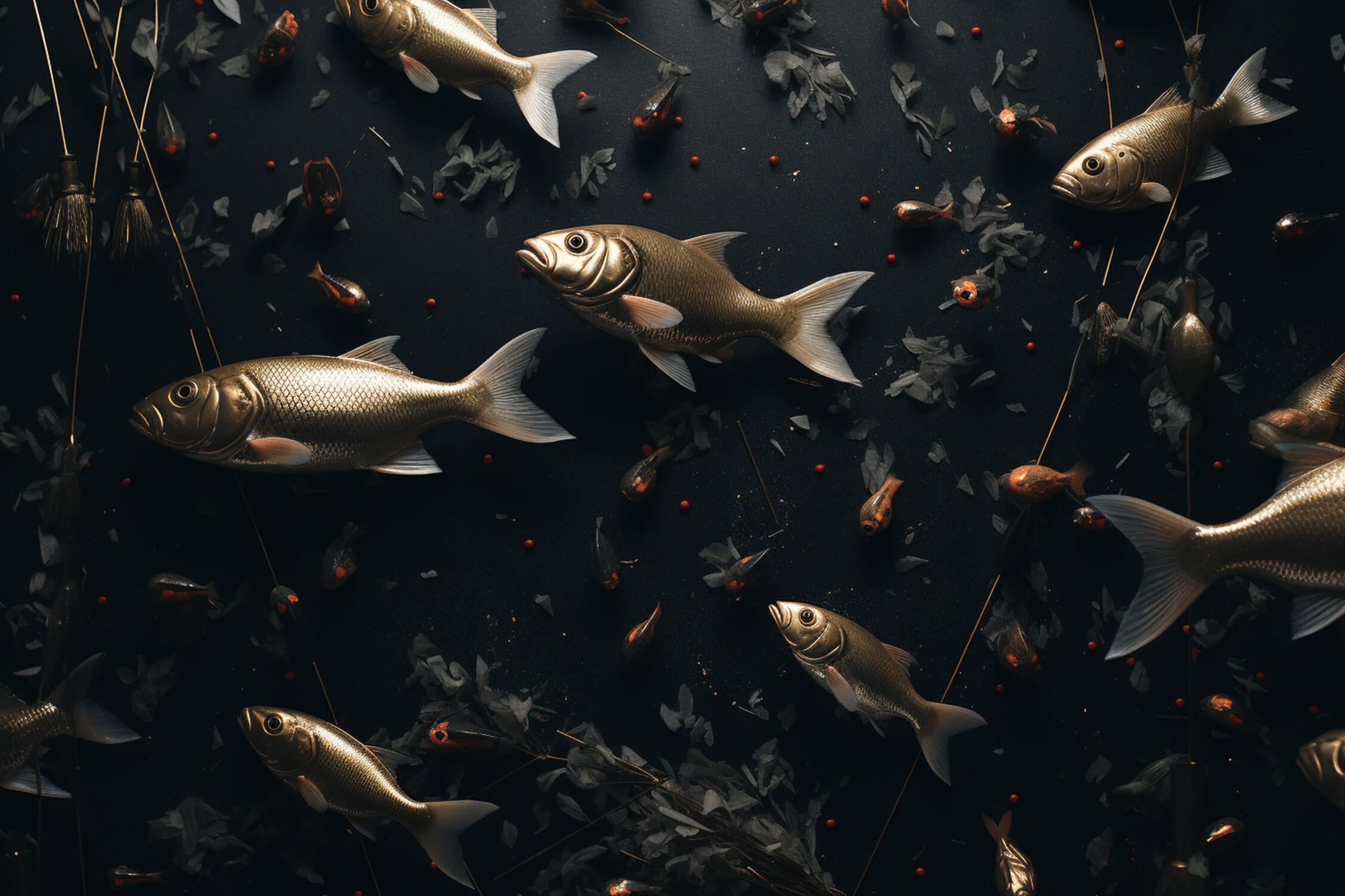 Design file showing detailed golden fish pattern on dark background