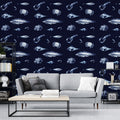 Marine life wallpaper creating a serene atmosphere in a modern living room, white sea creatures on navy blue background