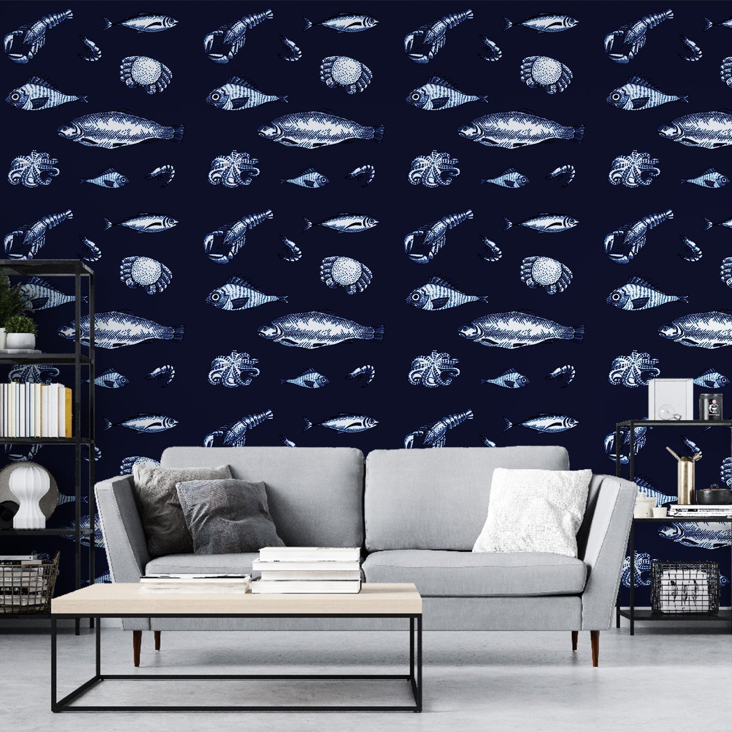 Marine life wallpaper creating a serene atmosphere in a modern living room, white sea creatures on navy blue background