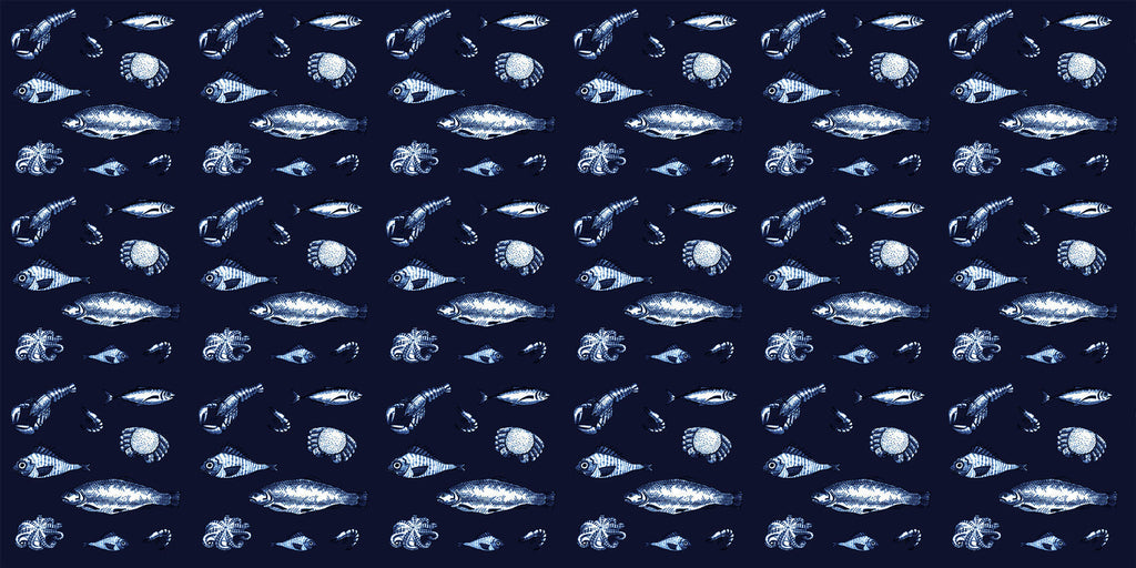 Marine Animals design file showing detailed white sea creatures pattern on deep blue background
