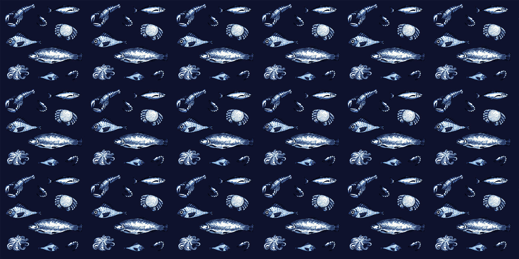 Marine Animals design file showing detailed white sea creatures pattern on deep blue background