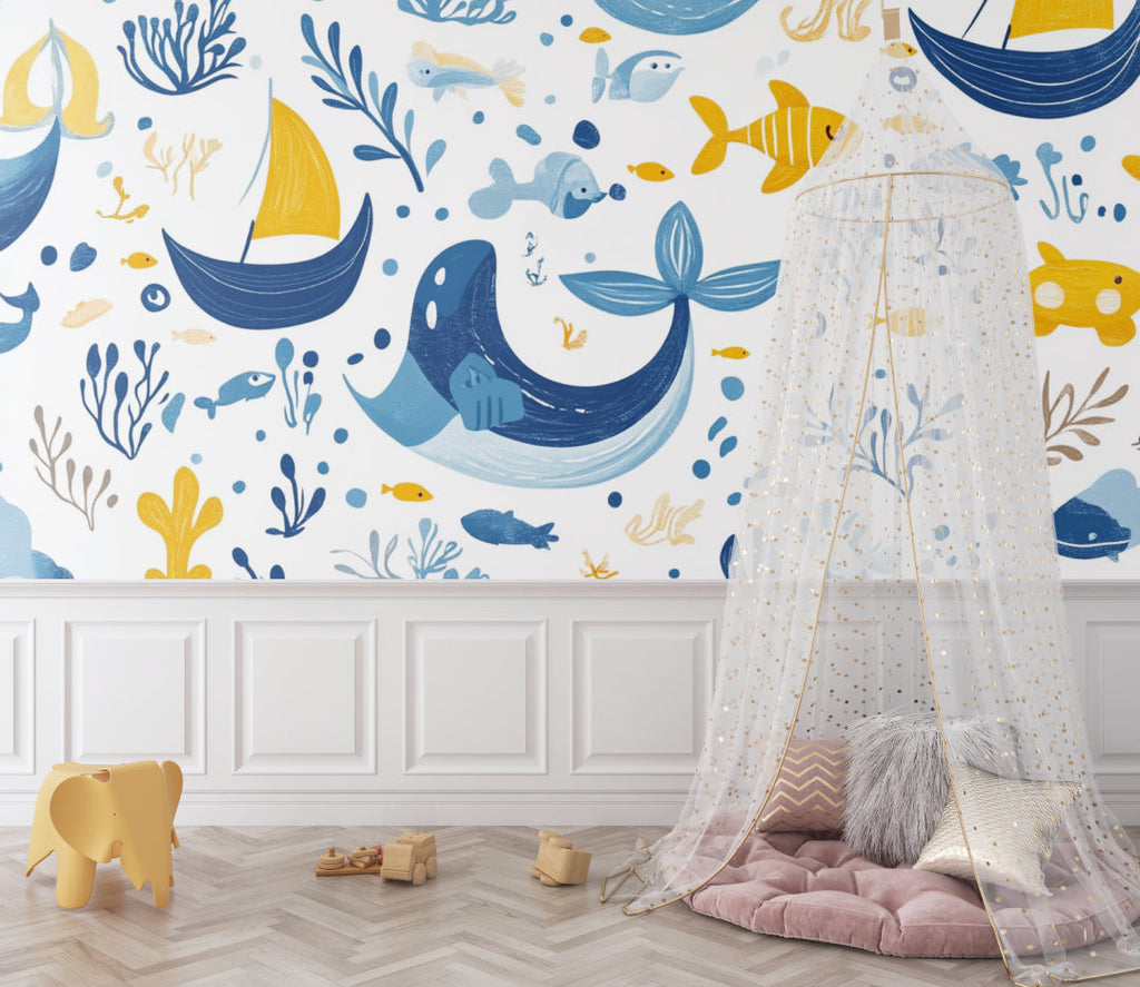 Nautical wallpaper creating a feature wall in a modern bathroom with marine life theme