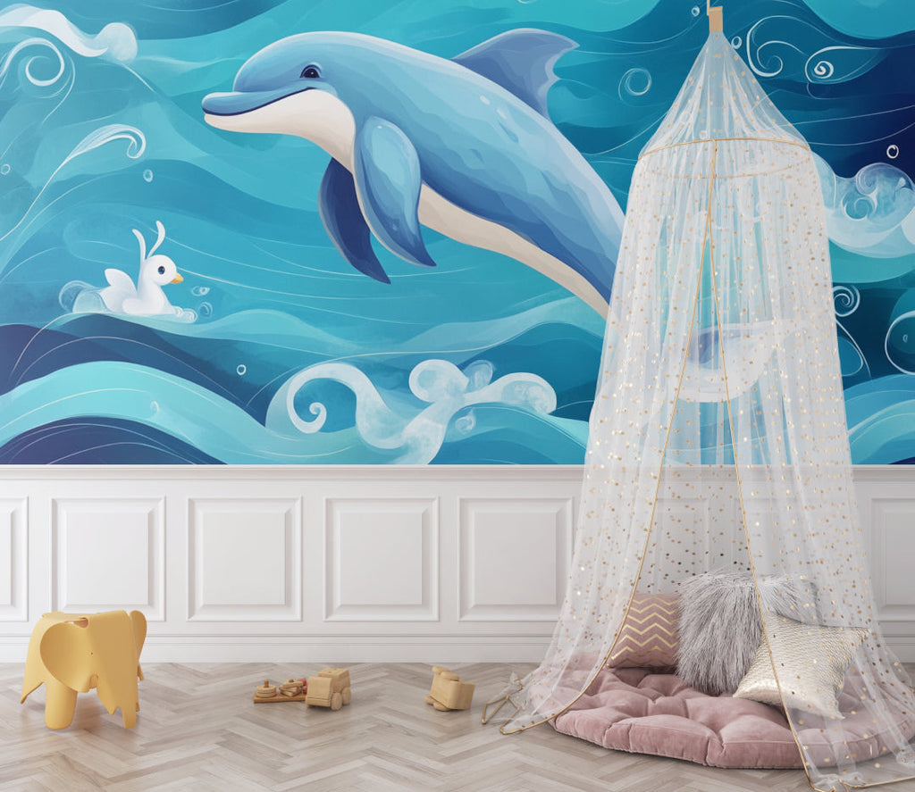 Marine life mural transforming a playroom with its calming blue waves and playful dolphin design