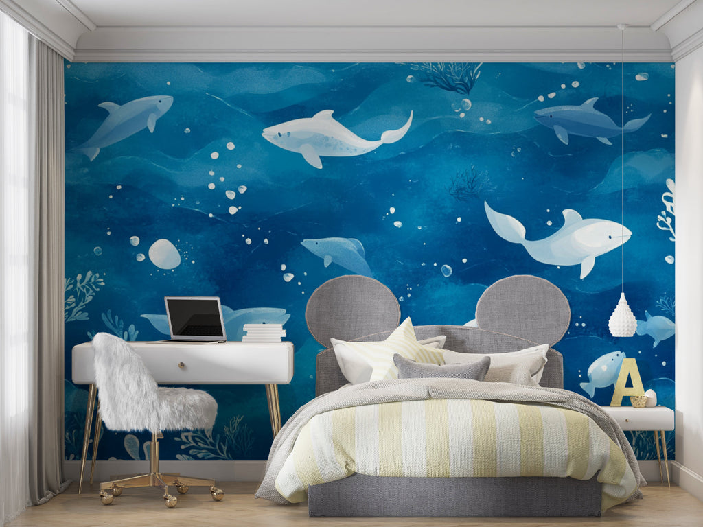 Marine Life Wallpaper making a splash in this bright bathroom setting