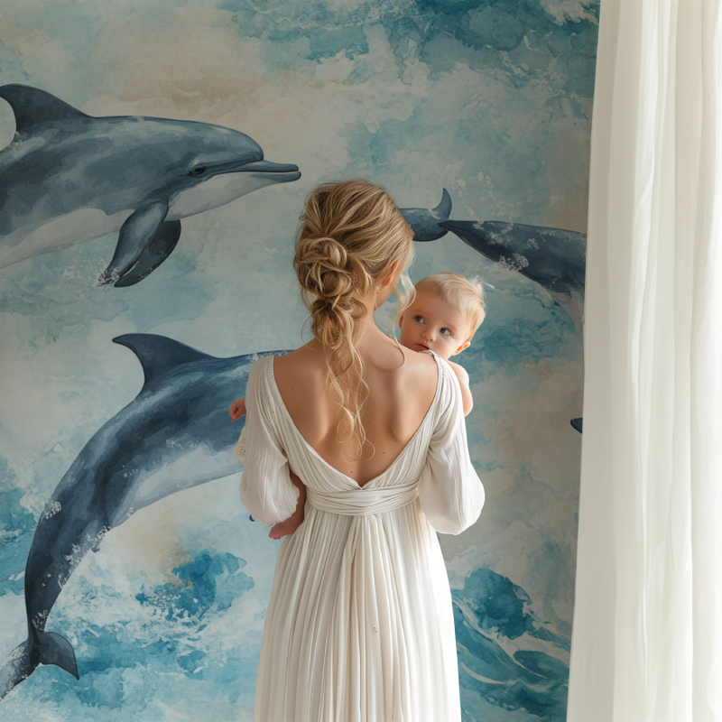 Watercolor dolphin wallpaper transforming a bathroom into an underwater paradise