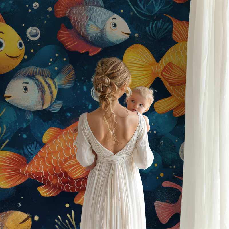 Ocean themed wall mural in playroom showing detailed fish and bubbles
