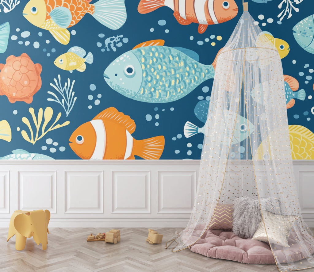 Marine fish wallpaper brightening a modern kids' bedroom with cheerful orange clownfish and blue accents
