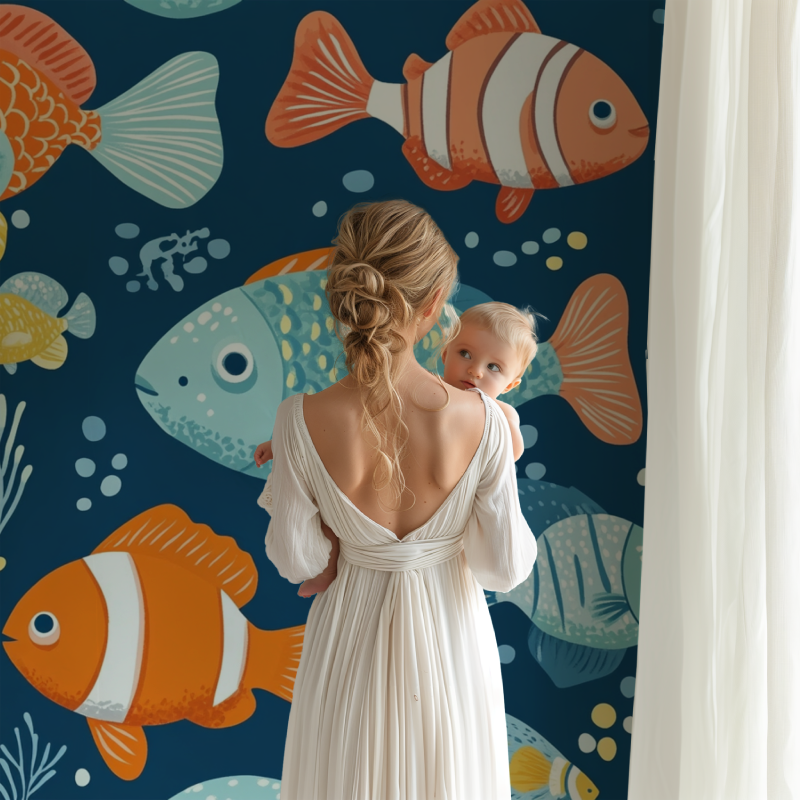 Ocean fish mural creating a playful atmosphere in a coastal-style nursery