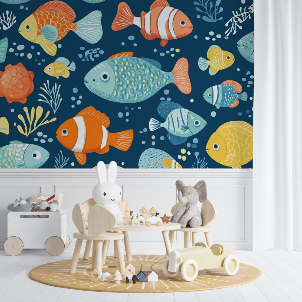 Underwater fish wallpaper transforming a bathroom into an ocean paradise