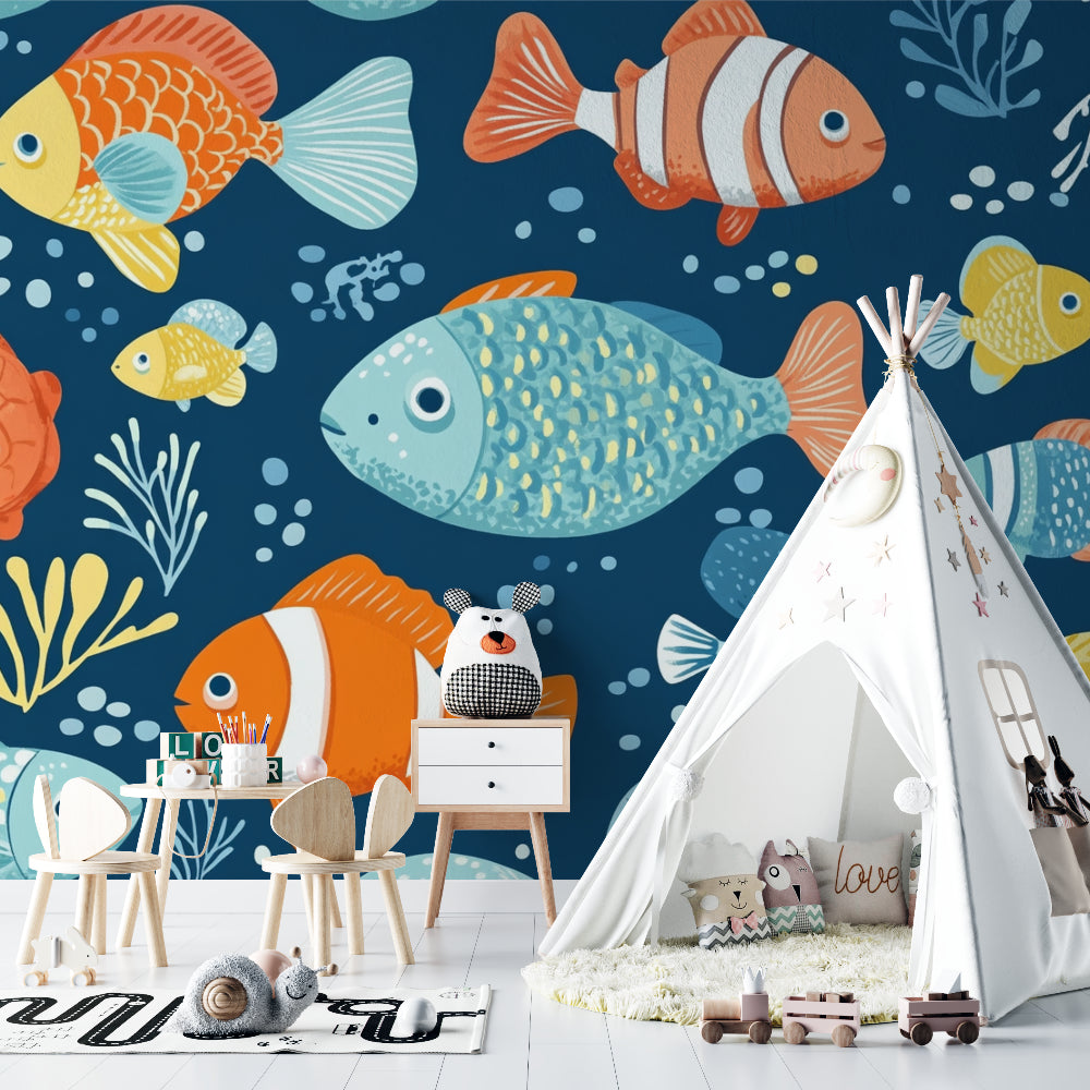 Marine life wallpaper adding color to a child's study area with swimming fish