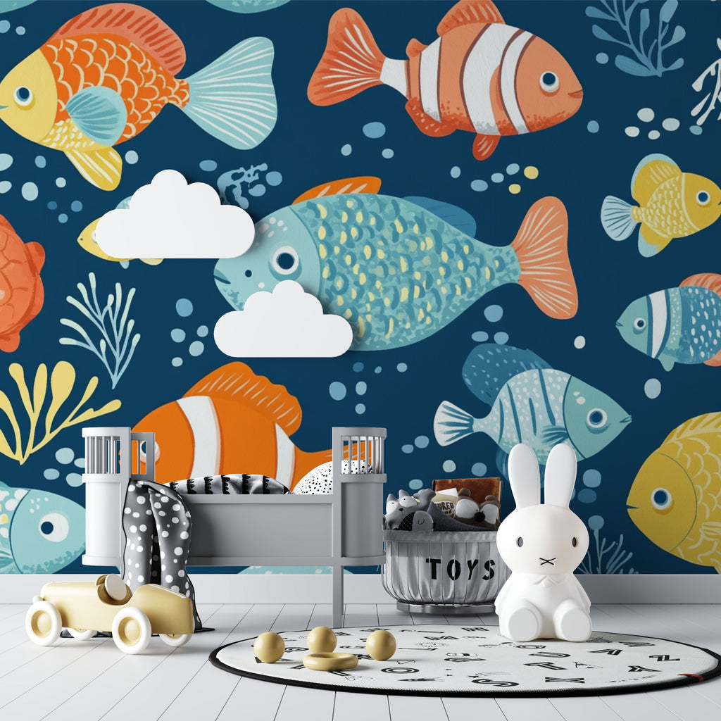 Ocean themed mural creating depth in a modern playroom setting
