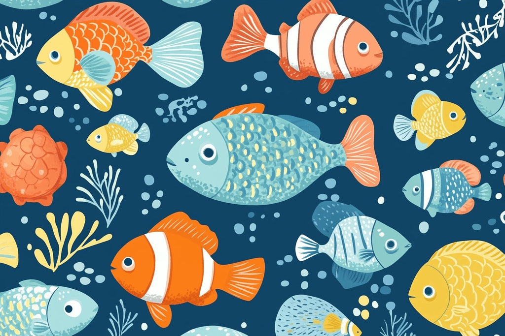 Design file showing detailed marine fish pattern with vibrant coral and swimming fish