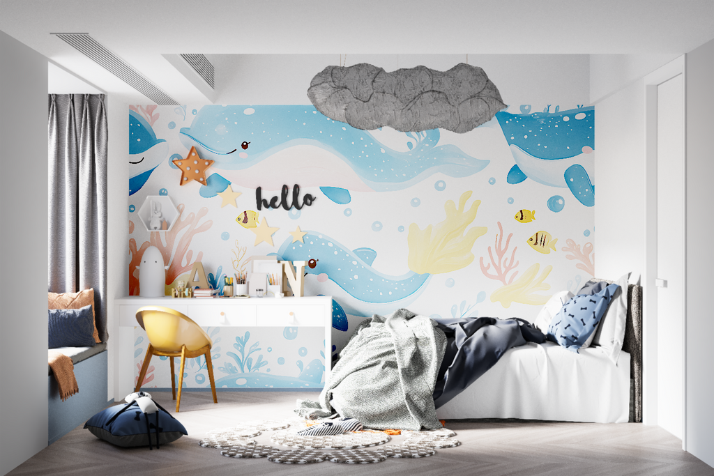 Whale wallpaper design bringing ocean vibes to reading nook