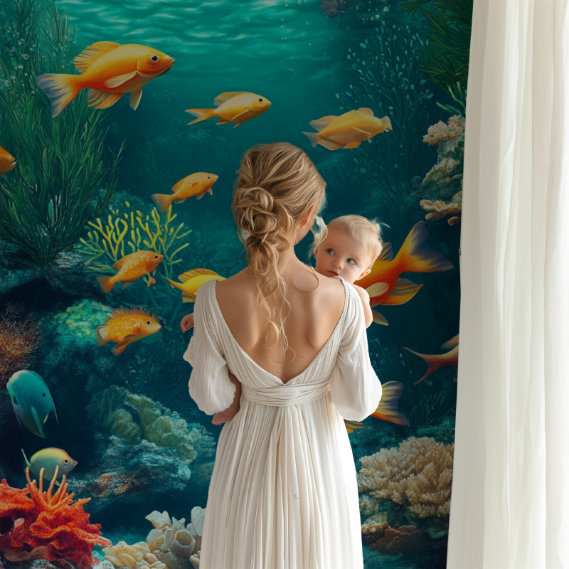 Tropical fish wallpaper creating an immersive atmosphere in a dining room