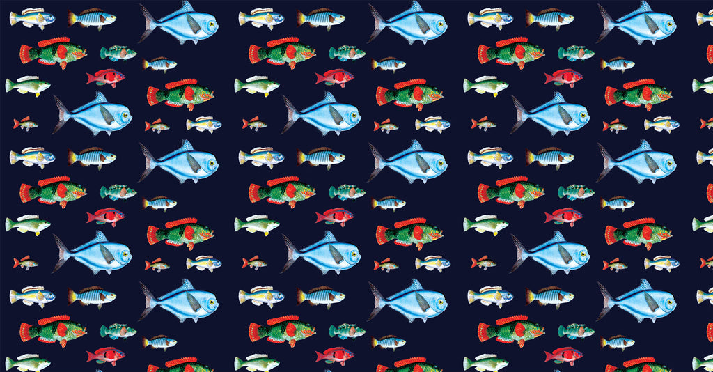 Tropical fish pattern design file showing detailed marine life illustrations on deep navy backdrop