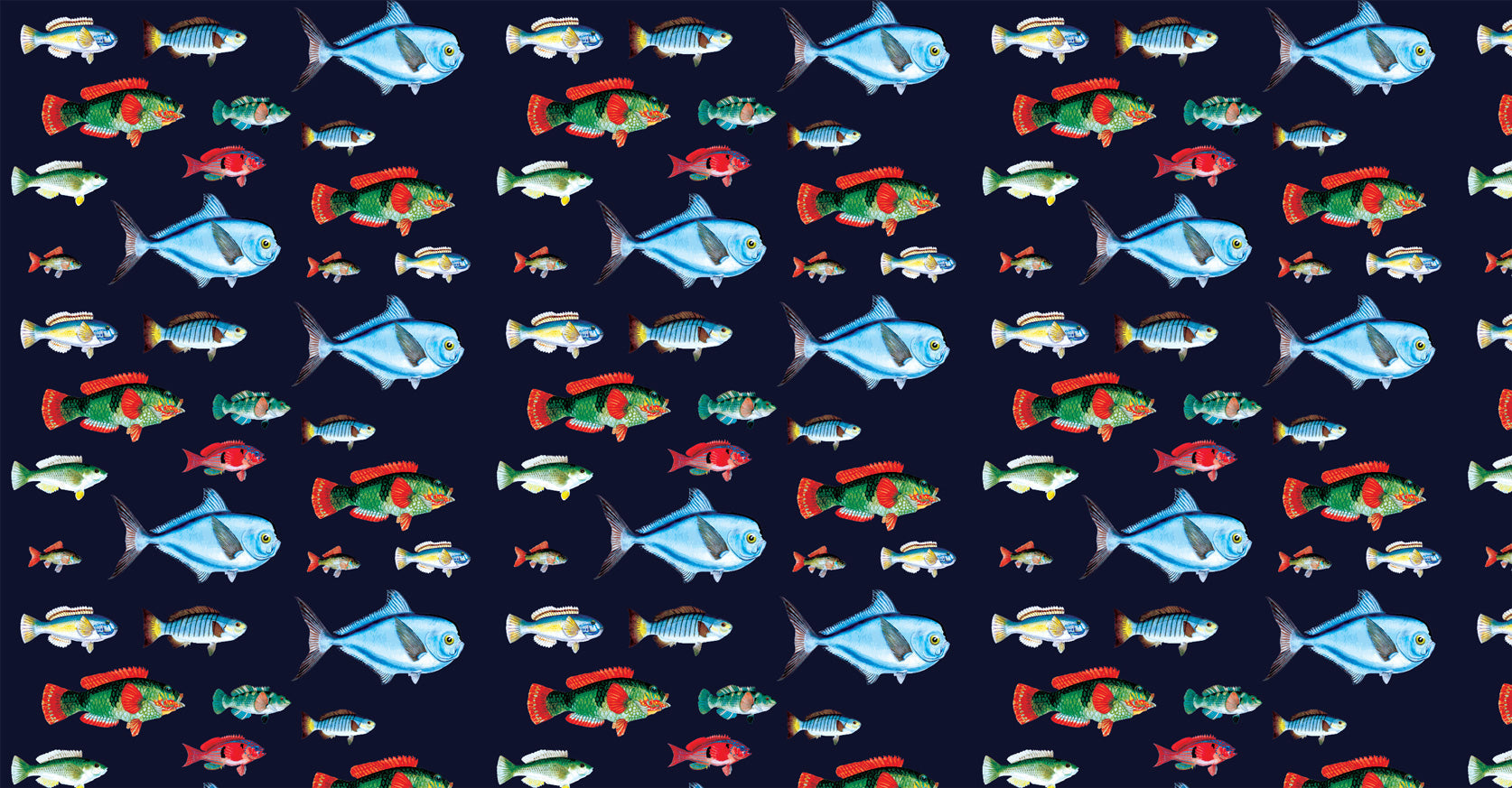 Tropical fish pattern design file showing detailed marine life illustrations on deep navy backdrop