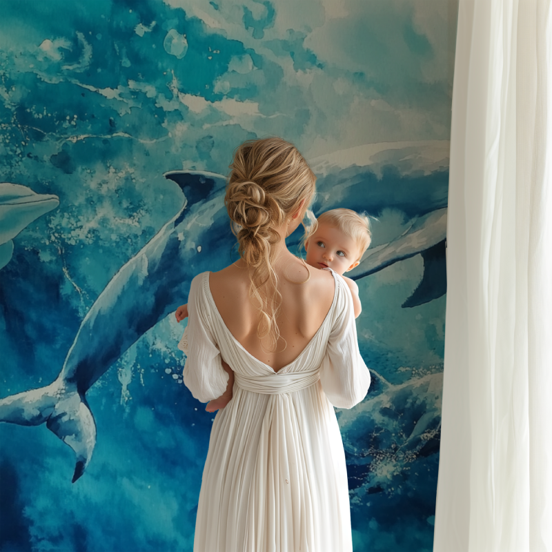 Ocean life wallpaper transforming a bathroom into an underwater paradise