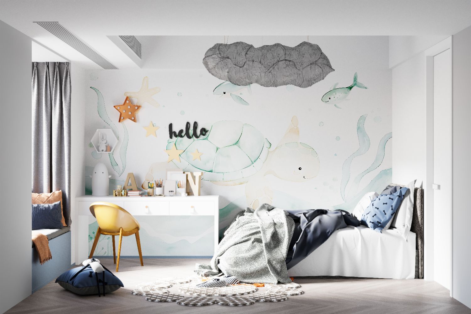 Ocean wall mural featuring sea turtles brightening up a coastal-style kids bedroom