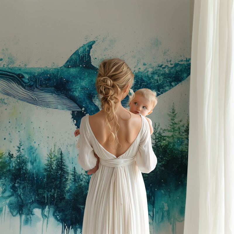 Marine life wallpaper creating a calm atmosphere in a meditation room