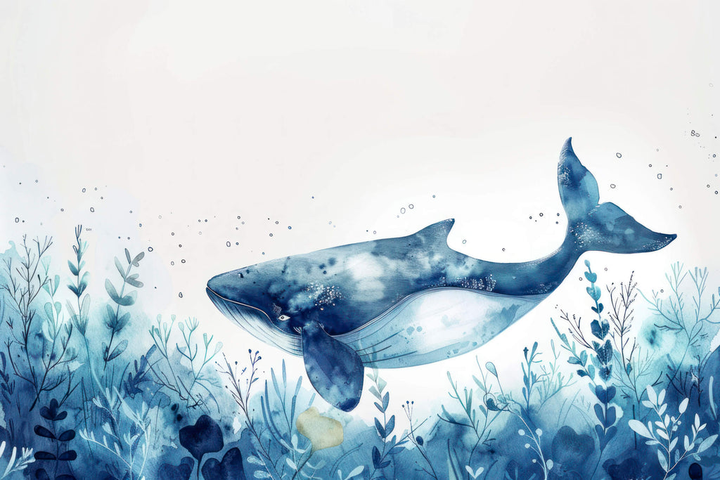 Design file of watercolor whale and ocean flora pattern showing intricate marine details
