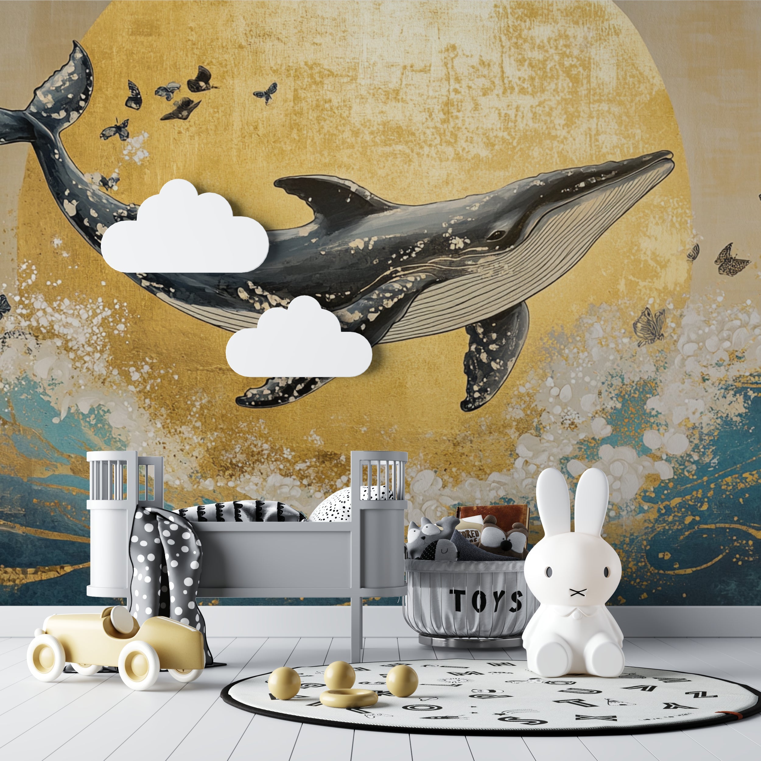 Ocean themed whale wall mural creating focal point in child's bedroom