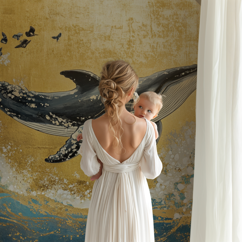 Marine life wall mural transforming playroom with ethereal underwater scene