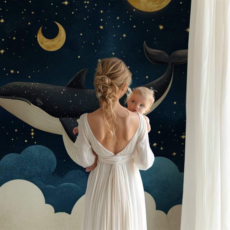 Whale wall mural bringing ocean dreams to cozy reading nook