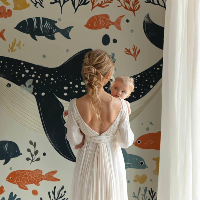 Marine life wall mural creating a calm atmosphere in a baby's room with neutral decor