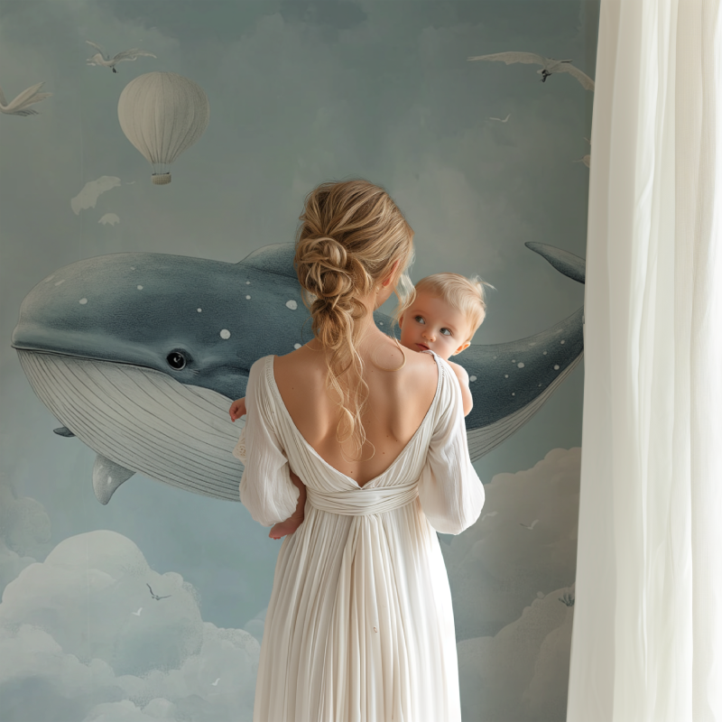 Marine animals wallpaper in modern nursery with white furniture and soft lighting