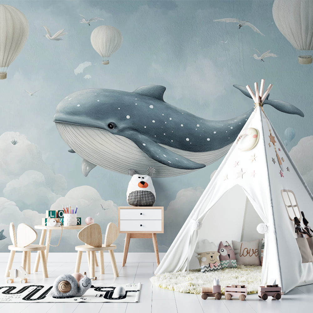 Ocean themed wallpaper transforming kid's bedroom with blue accents