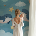 Marine animals wallpaper in a modern nursery with rocking chair and mobile