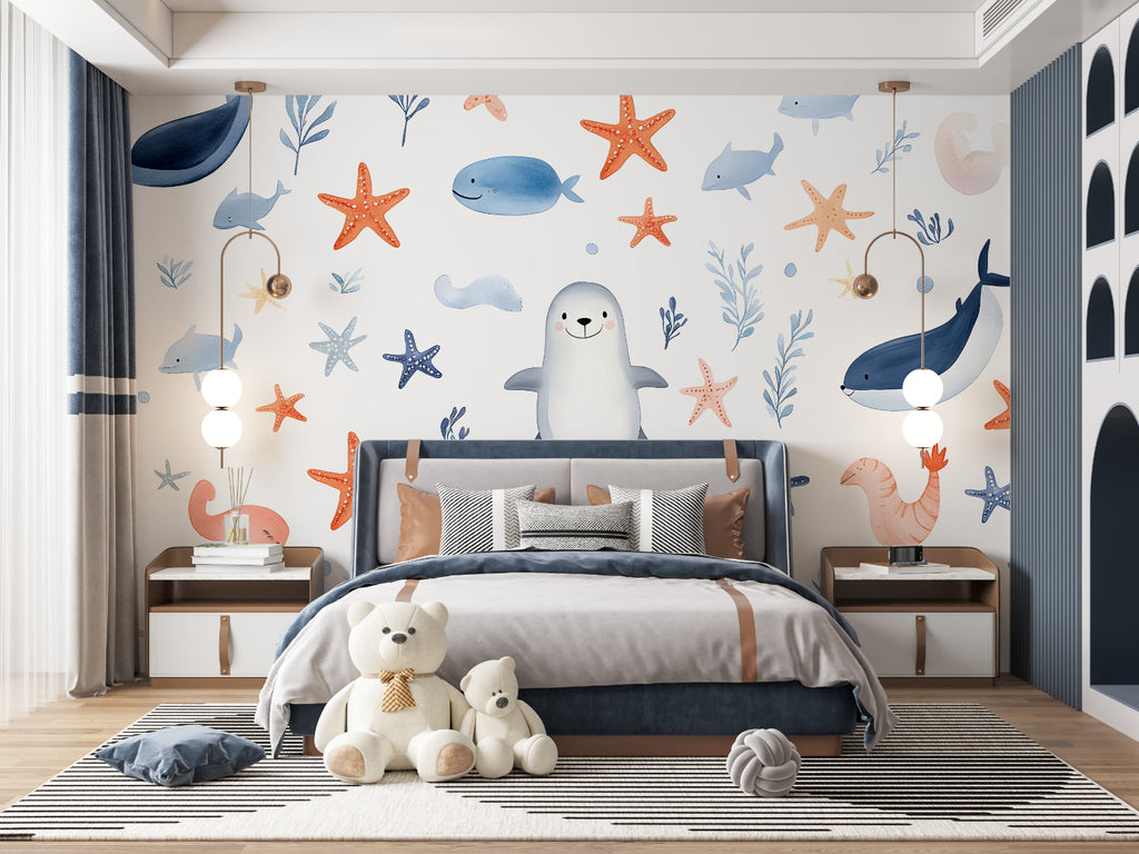 Ocean theme wallpaper brightening up a kids bathroom with blue accents