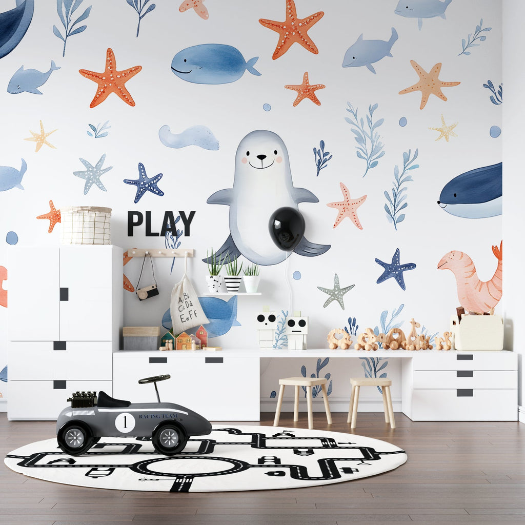 Nautical wallpaper in a playroom showing scale and pattern repeat