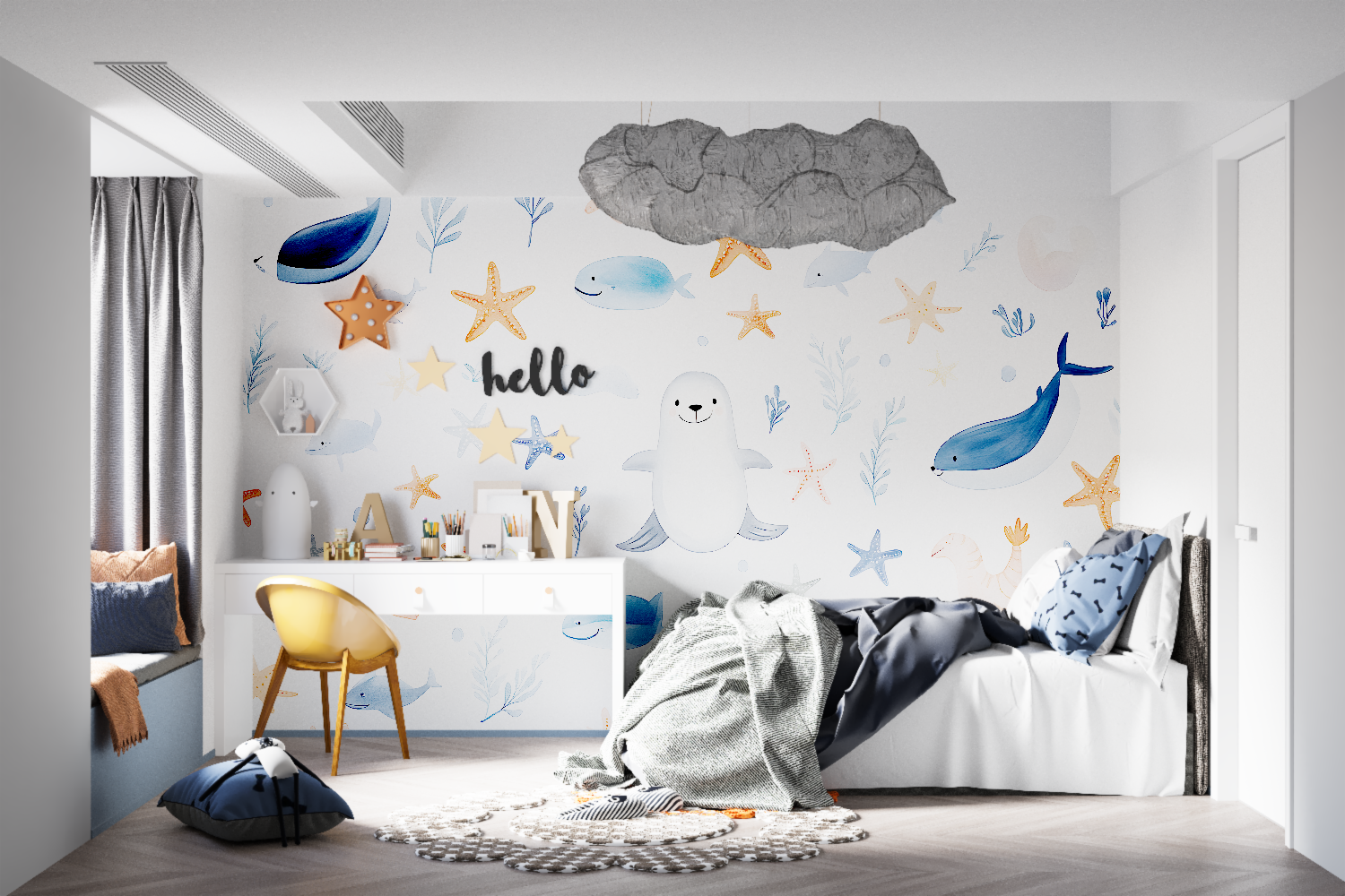 Marine life wallpaper detail in a reading nook with natural lighting
