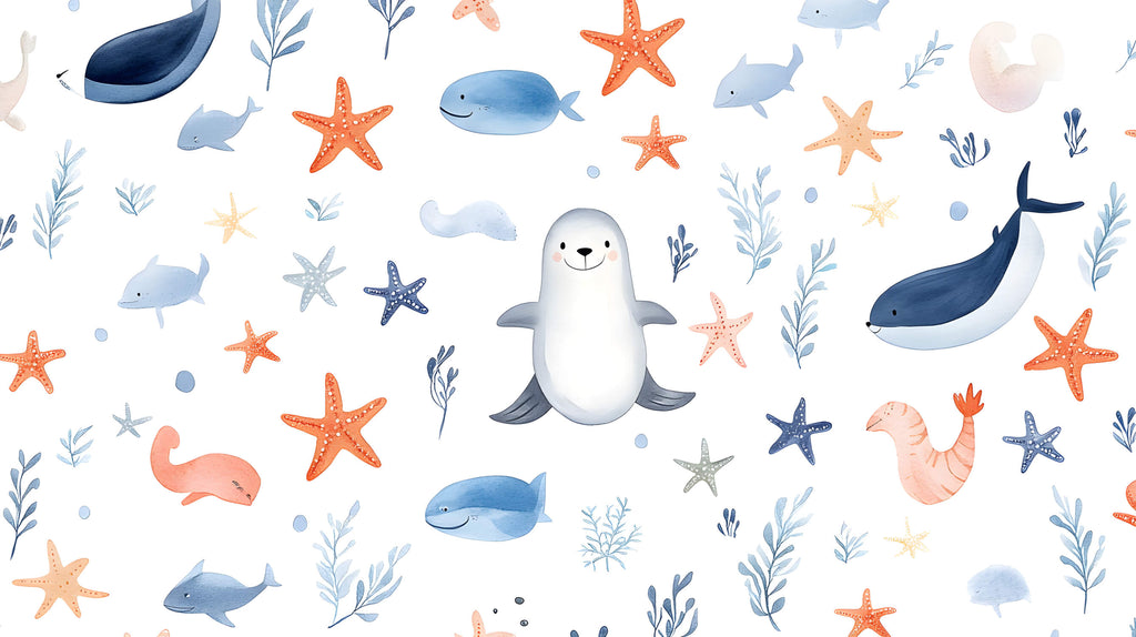 Marine animals wallpaper design file showing whales and starfish pattern on white background