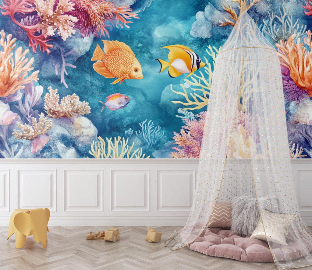 Marine life wallpaper transforming a bathroom into an underwater paradise